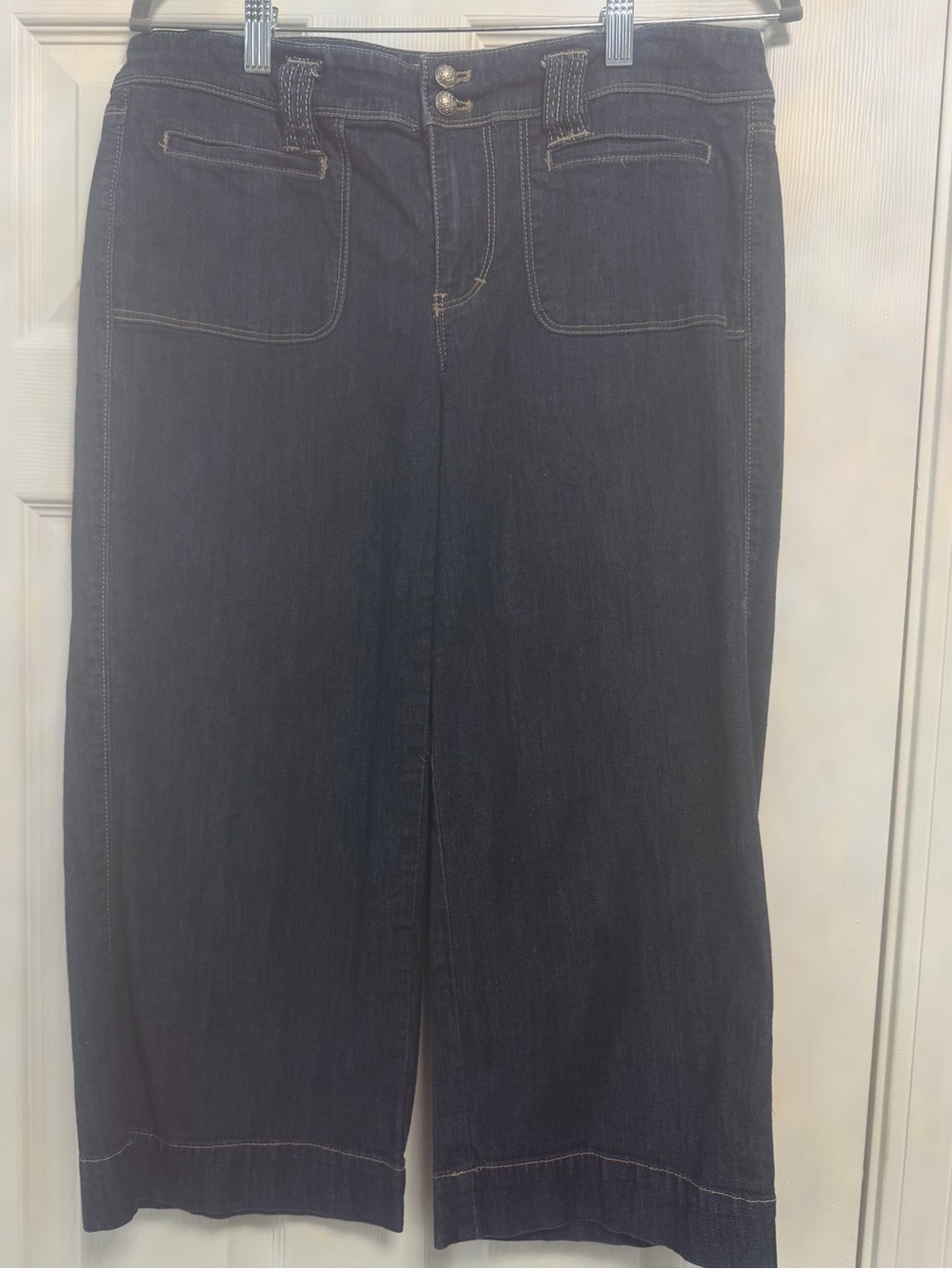 White House Black Market Blanc Crop Leg Wide Jeans Size 8 Dark Wash Patch Pocket